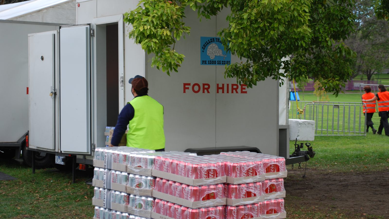 Chiller Trailers cool room on hire at an outdoor event with pallets of drinks ready to load